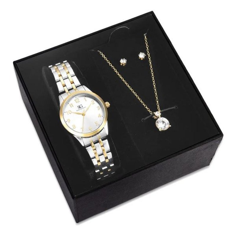 Kit Relógio Colar e Brincos Ponto De Luz Dourado e Prateado Feminino Luxo Saint Germain 28mm